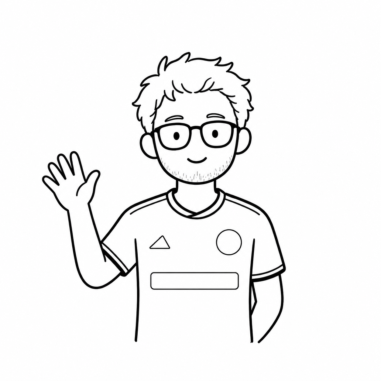 A line drawing of Jamie waving
